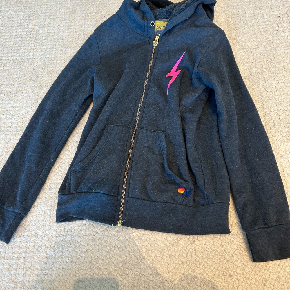 Aviator Nation Kids Navy Hoodie with Pink Lightning Bolt